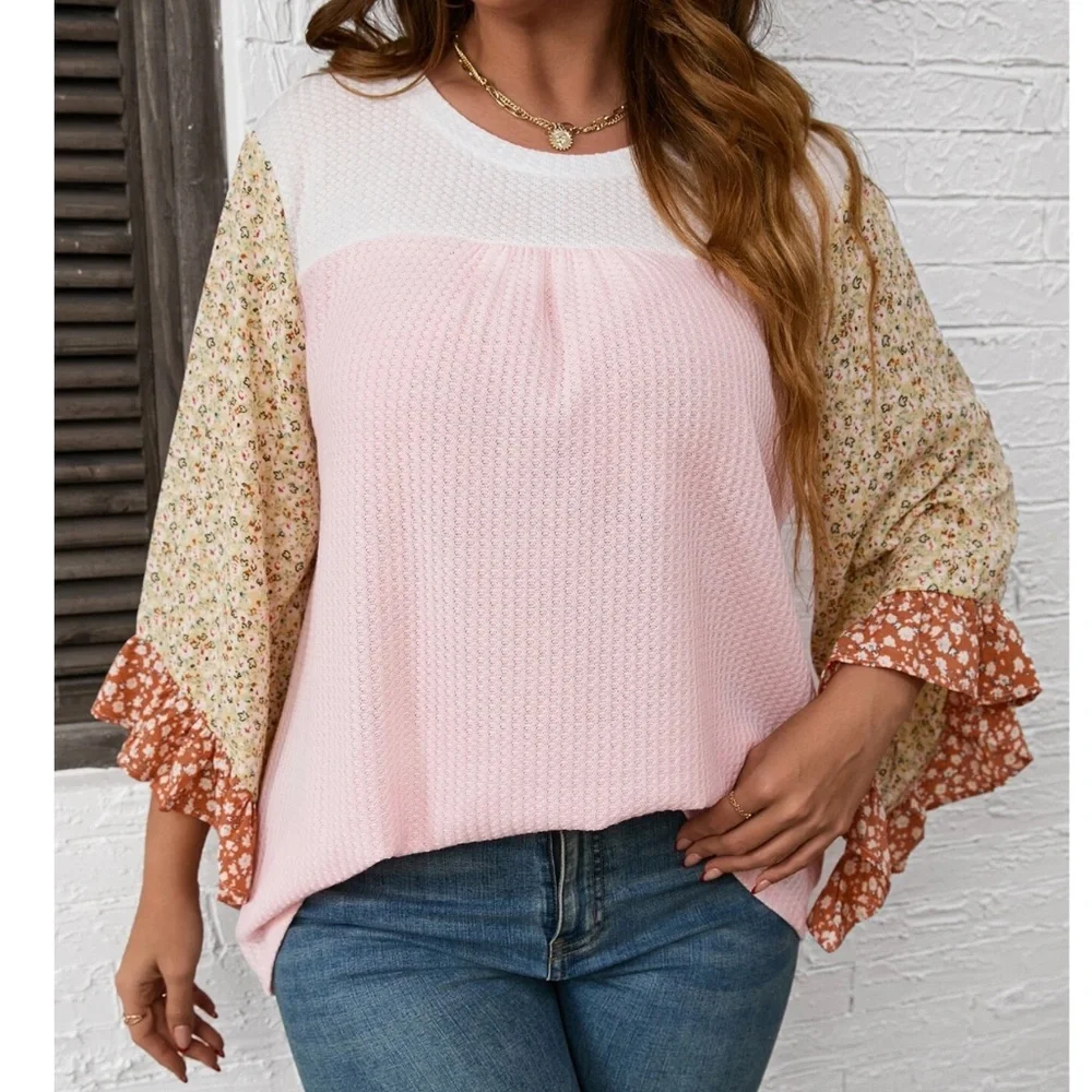 Plus Floral Print Waffle Knit 3/4 Ruffle Sleeve Top - Picture 1 of 8